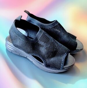 Knitted Cut-out Wedge Sandals, Solid Black Open Toe Slip On Size 37